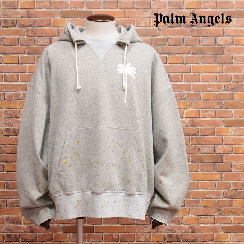 1円/秋冬/Palm Angels/XXLサイズ/パーカー PMBB104F22FLE00 PXP PAINTED RAW CUT HOODY 金箔ペイント イタリア製 新品/グレー/ib406/_画像1