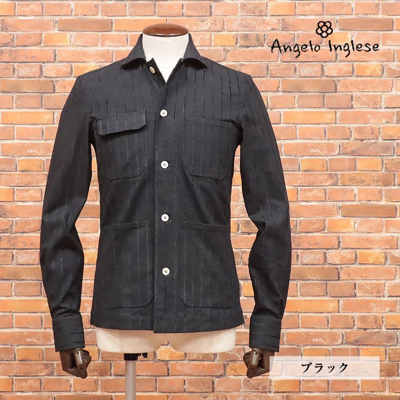 1円/Angelo inglese/44サイズ/イタリア製キューバ シャツ ヘリンボーン モール 鳥足縫い ダンディ 長袖 新品/黒/ブラック/hb386/_画像1