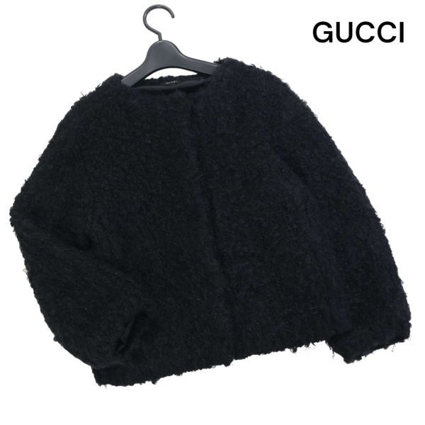 GUCCI グッチ 秋冬 GGロゴ付き♪ モヘヤ ブークレ ノーカラー ジャケット Sz.M　レディース 黒 イタリア製　K4T00015_1#N_画像1