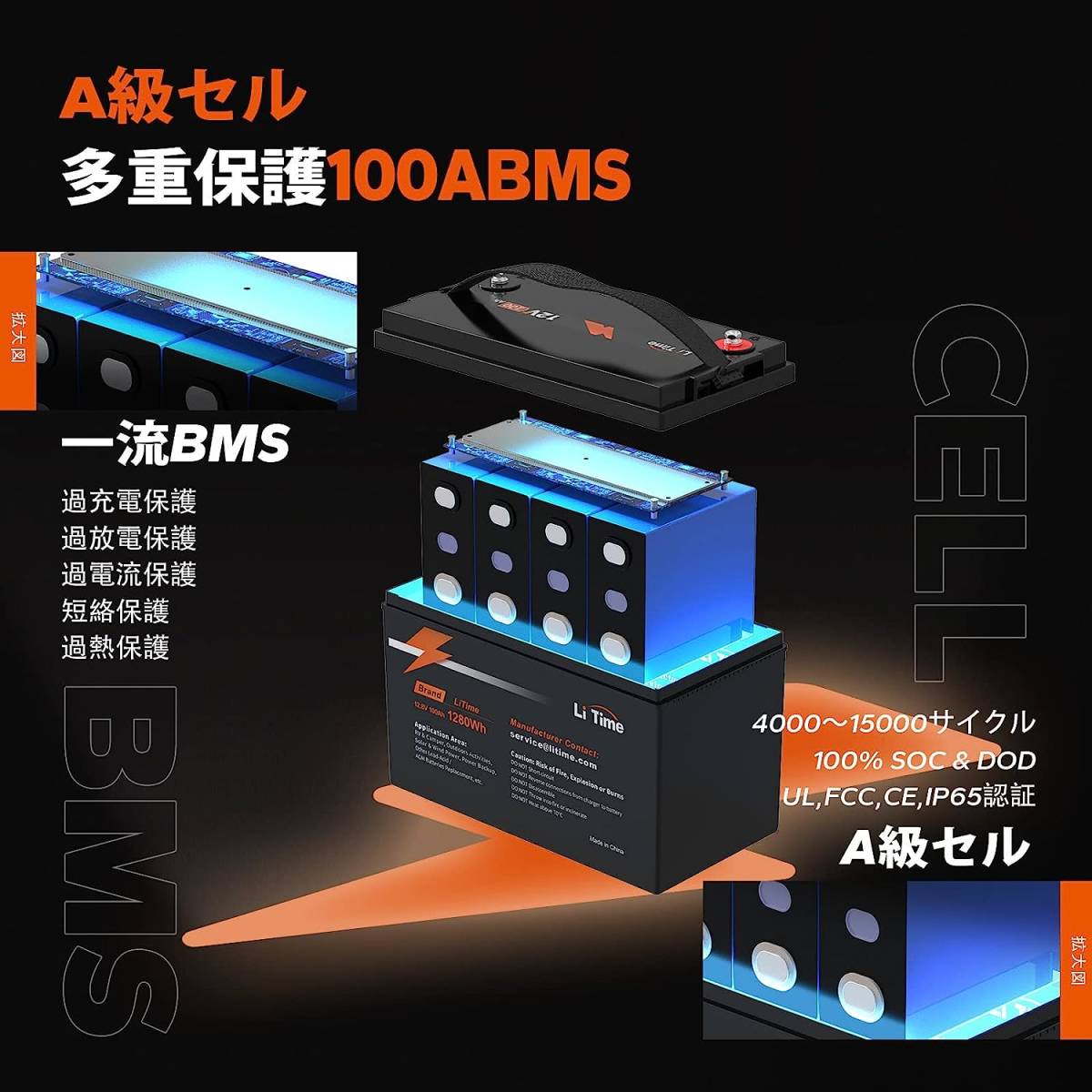 新品 LiTime 12V100Ah リン酸鉄リチウムイオンバッテリー 内蔵100AのBMS 4000~15000サイクル回数 10年長寿命 BCIグループサイズ31の画像3