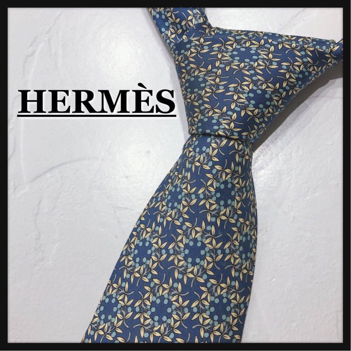 ☆HERMES☆ エルメス ネクタイ ブランドネクタイ ブルー 総柄 シルク メンズ 男性 紳士 スーツ フォーマル 送料無料_画像1