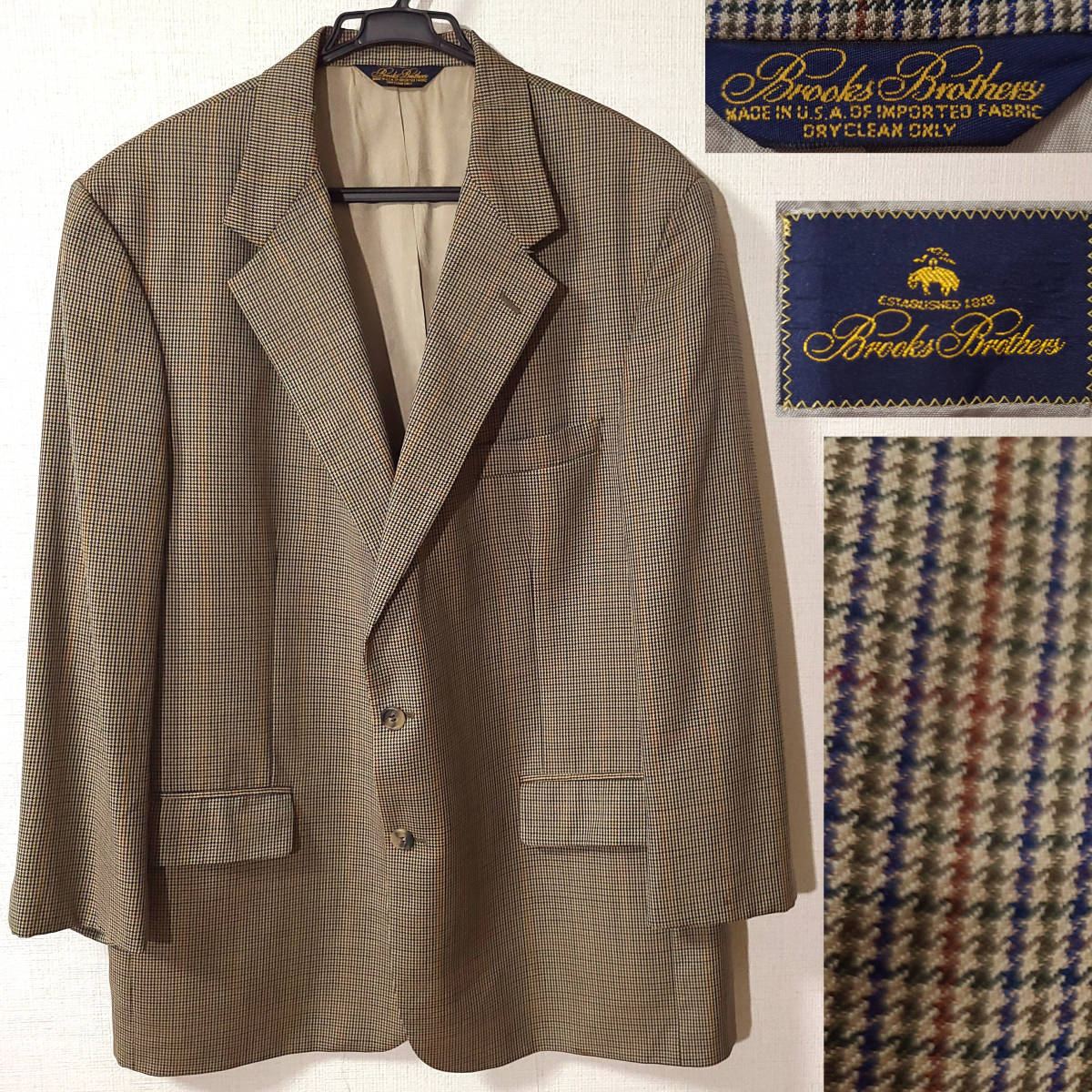 1000円 80s USA製 ブルックスブラザーズ 千鳥柄 テーラード ジャケット バージン ウール100% ベージュ made in USA Brooks Brothers Jacketの画像1