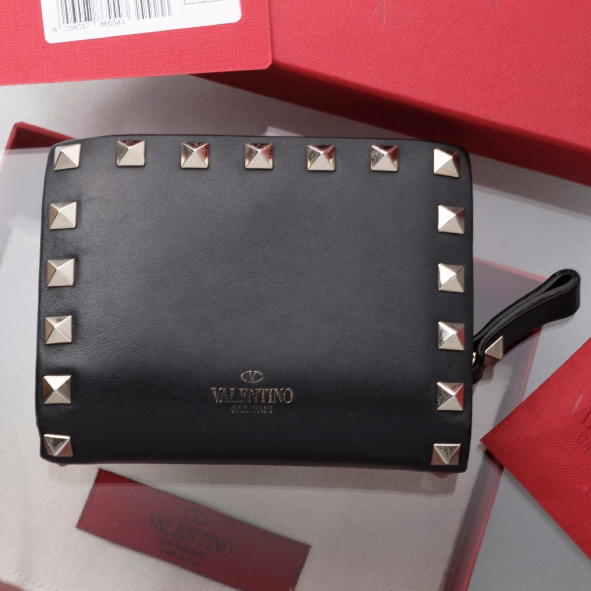 K3684M バレンティノ スタッズ 本革 黒 二つ折り 財布 箱付き ITALY製