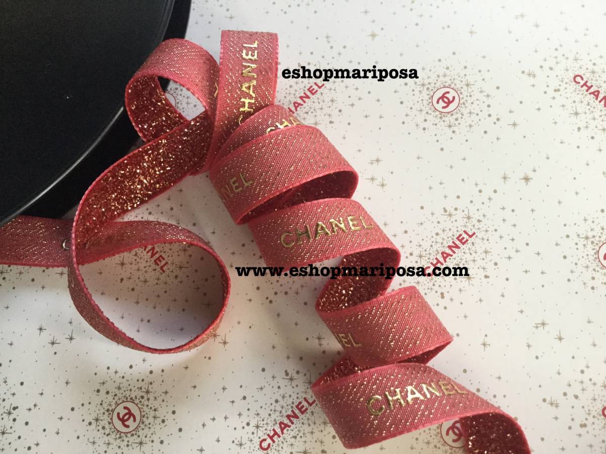 ◆シャネルラッピングリボン 2m キラキラ 素敵なラメリボン 赤/ピンク 2メートル ホリデー限定 ゴールドロゴ 包装用 ヘアアクセサリー_画像4