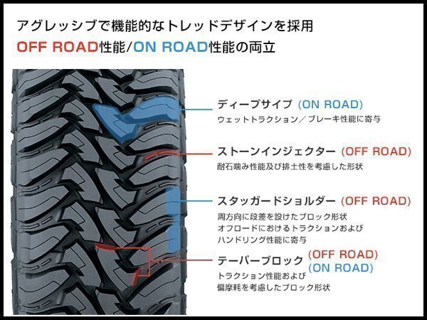 4本セット LT255/85R16 123P トーヨー オープンカントリー M/T 4本送料4,400～ 255/85 16インチ OPEN COUNTRY MT オフ オン ロード タイヤ_アグレッシブで魅力的な外観と機能性