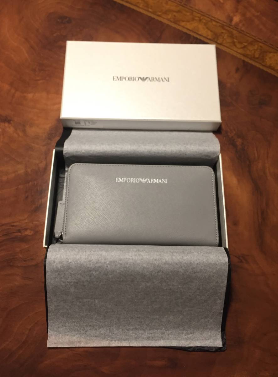 新品未使用 EMPORIO ARMANI エンポリオ アルマーニ・長財布ラウンドファスナー・オリジナルBOX・ライトグレー・送料480円～_画像1