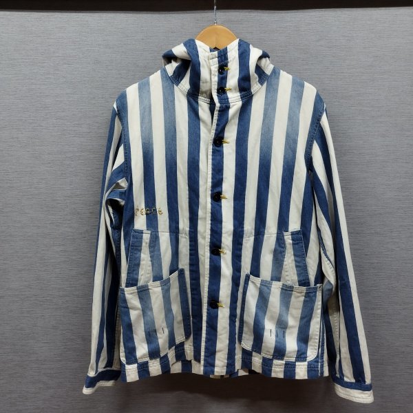 A20 AMANJAKANIA シャツ ジャケット 1 ホワイト ブルー ストライプ フーデット PEACE 刺繍 羽織 コットン アマンジャカニアの画像1