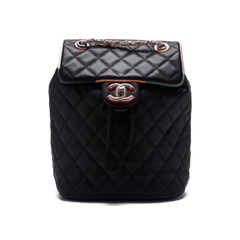 CHANELシャネルマトラッセ ターンロック チェーンリュック ラムスキン 黒×マルチカラー(シルバー金具) レディースバッグ