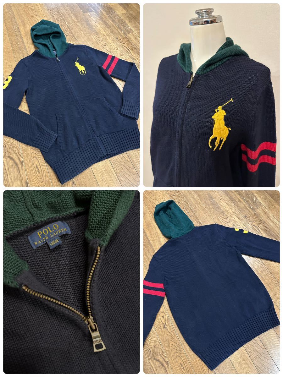 名作 本物 POLO RALPH LAUREN ポロ ラルフローレン ジップアップ ニット パーカー セーター L (14-16) 160/80 キッズ ジュニア レディース