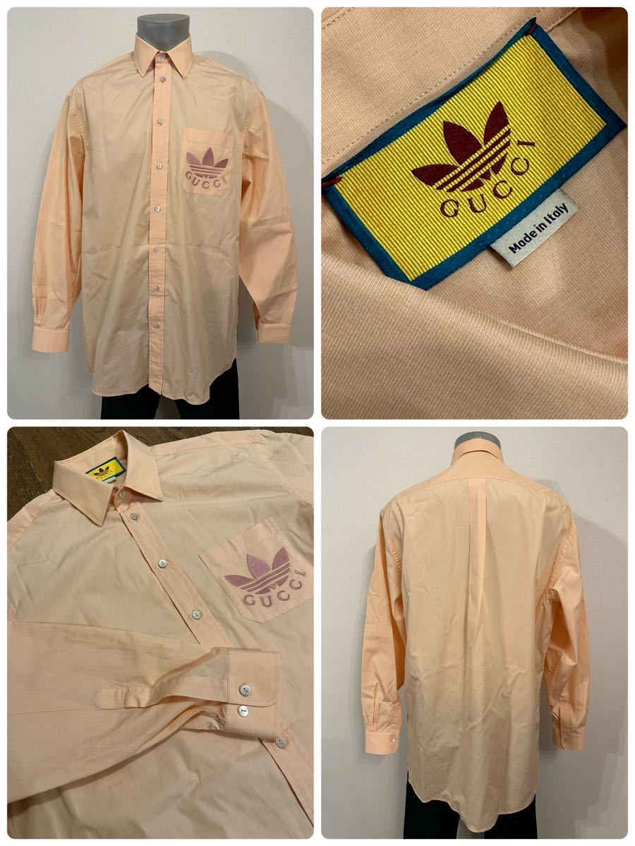 名作 本物 GUCCI adidas グッチ アディダス 22ss Philafil L/S Shirt 691521 オーバーサイズ ビッグシルエット 刺繍 長袖 シャツ ピンク 46_画像1