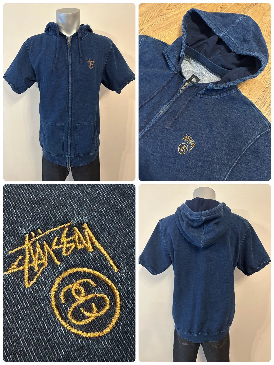 名作 本物 STUSSY ステューシー VINTAGE INDIGO HOODI インディゴ染め ジップアップ 半袖 スウェット パーカー XL