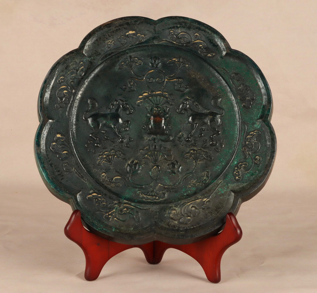『唐・青銅器彫・雙馬紋鏡』極細工 置物 古賞物 中国古玩 中国古美術