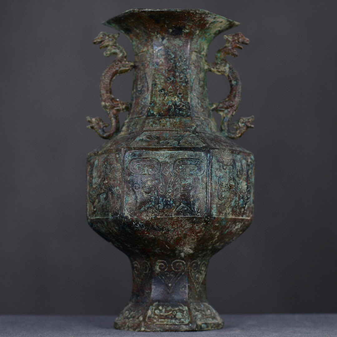 『漢・青銅器彫・六角雙龍瓶』極細工 置物古賞物 中国古玩 中国古美術