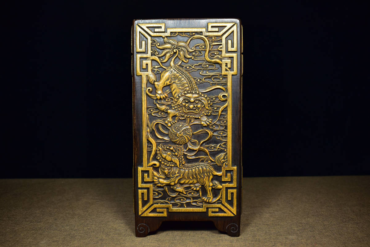 清・黑檀木彫・竹黄嵌・獅子紋・筆筒』極細工 置物古賞物 中国 清・黑檀木彫・竹黄嵌・獅子紋・筆筒』極細工 置物古賞物 中国