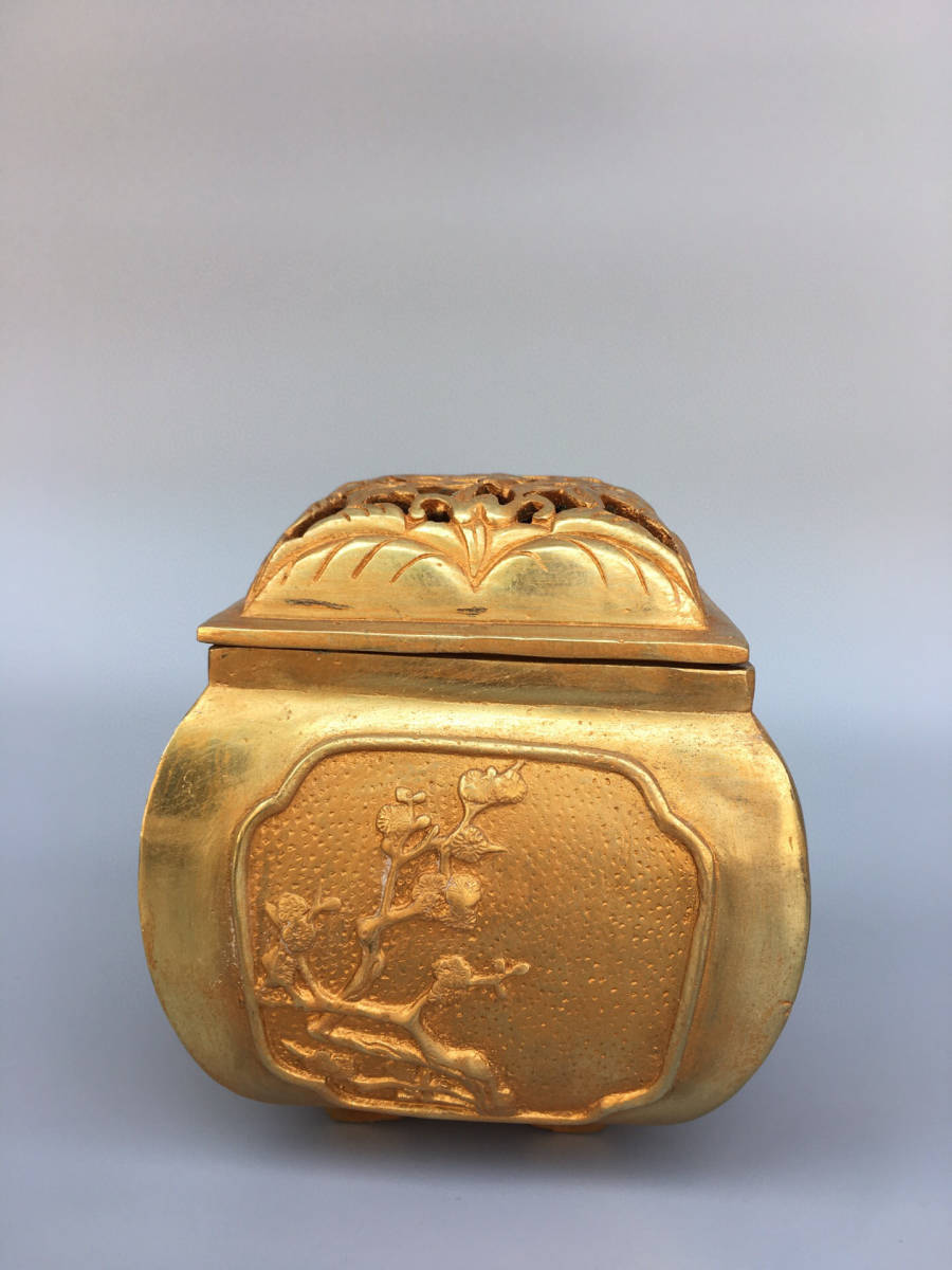 清・古銅彫・塗金・梅蘭竹菊熏香炉』極細工 置物 古賞物 中国 清・古銅彫・塗金・梅蘭竹菊熏香炉』極細工 置物 古賞物 中国