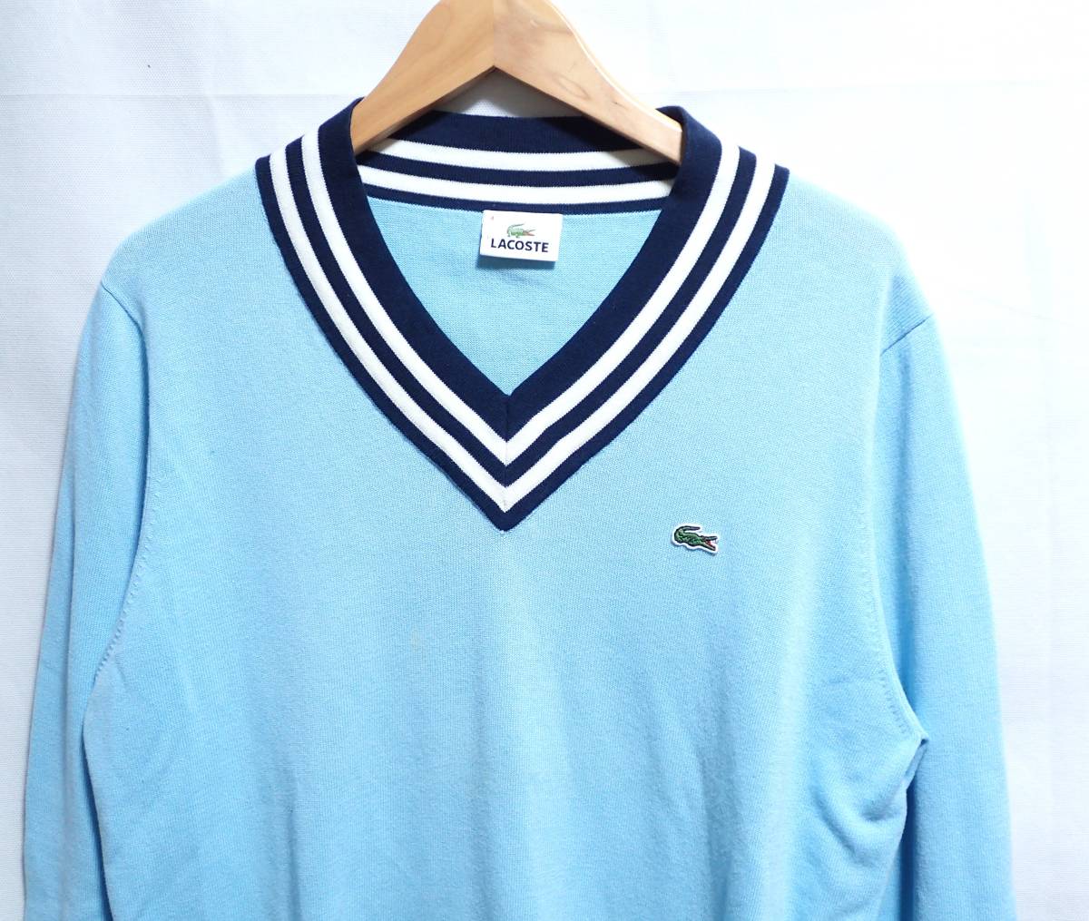 ☆LACOSTE　☆ラコステ　☆ファブリカ　☆チルデンニット　☆Vネックセーター　☆プルオーバー　 ☆水色　☆メンズ　☆サイズ4　☆L_画像3