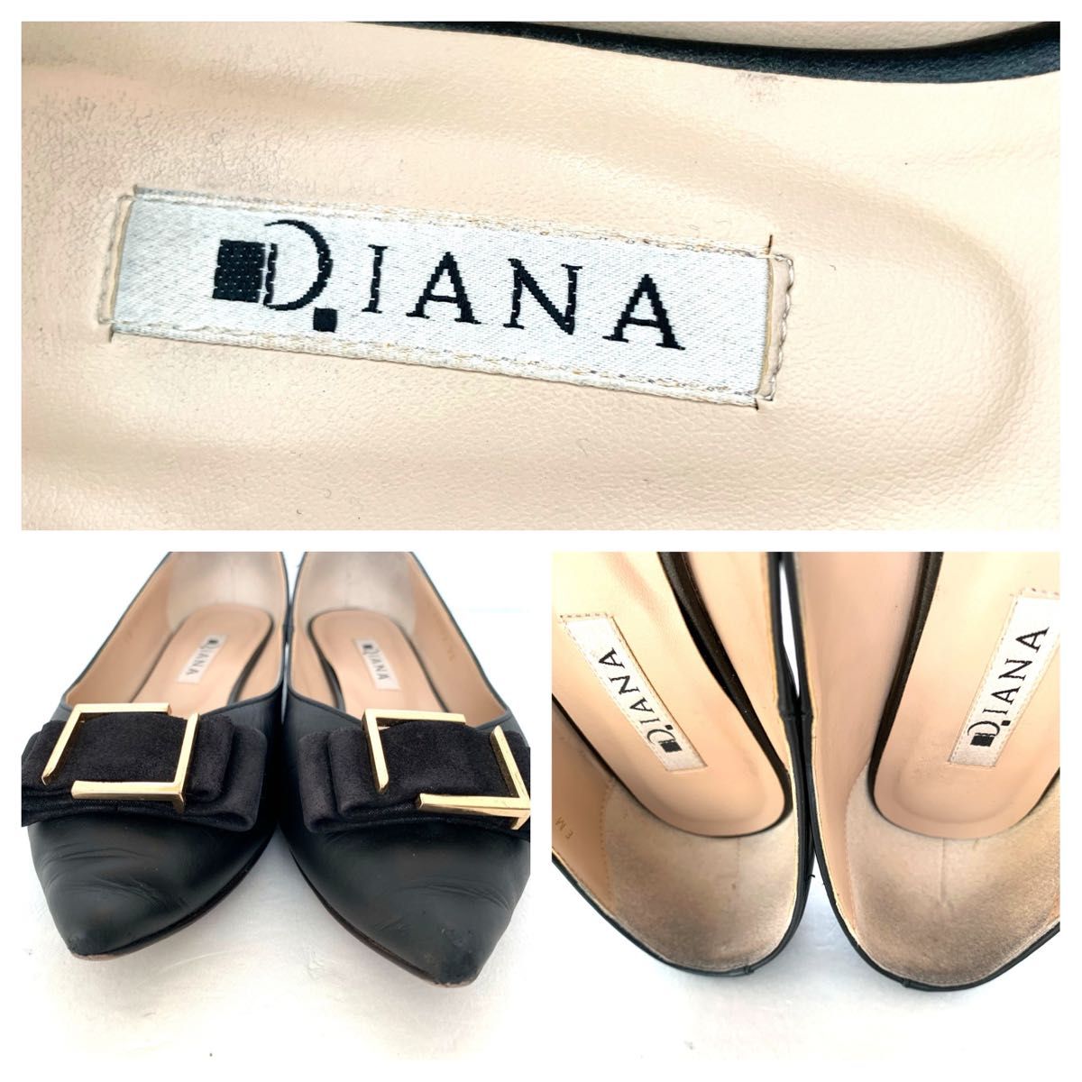 DIANA ダイアナ フラットパンプス ポインテッドトゥ リボン バックル22黒