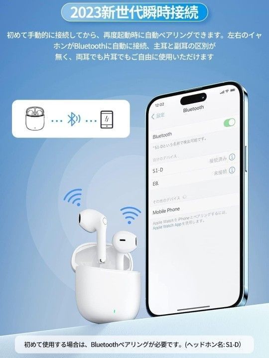 ワイヤレスイヤホン【新型Bluetooth5.3技術 瞬時接続】ENCノイズキャンセリング （白） Bluetooth