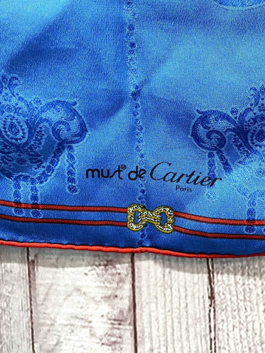 【美品】Cartier　カルティエ　大判スカーフ　ショール　ストール　ブルー系　ジュエリー　シルク　84×84