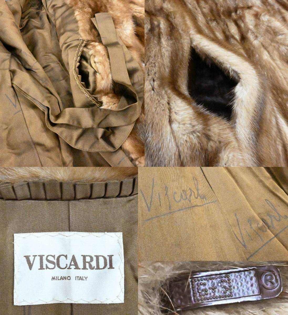 R77★美品 イタリア製 VISCARDI ビスカルディ ミンク リアル ファー 最高級 毛皮 ロング コート MINK 本革 ベージュ×ブラウン 裏地ロゴ柄_画像10