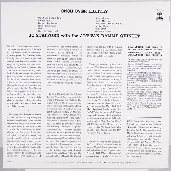 CBS22AP 2725【美品】Jo Stafford ジョー スタッフォード：Once Over Lightly /Art Van Damme Quintet　■モノラル_画像2