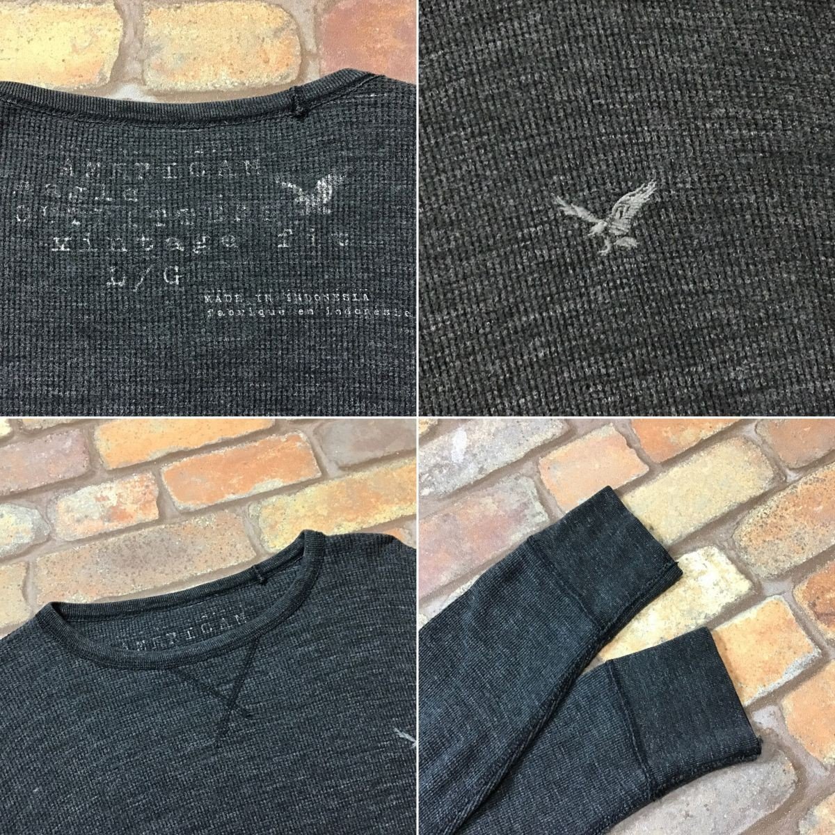 ME9-794★USA古着★良品★グレー【American Eagle アメリカンイーグル】刺繍ロゴ サーマル Tシャツ【メンズ L】長袖 ロンT アメカジ 厚手_画像4