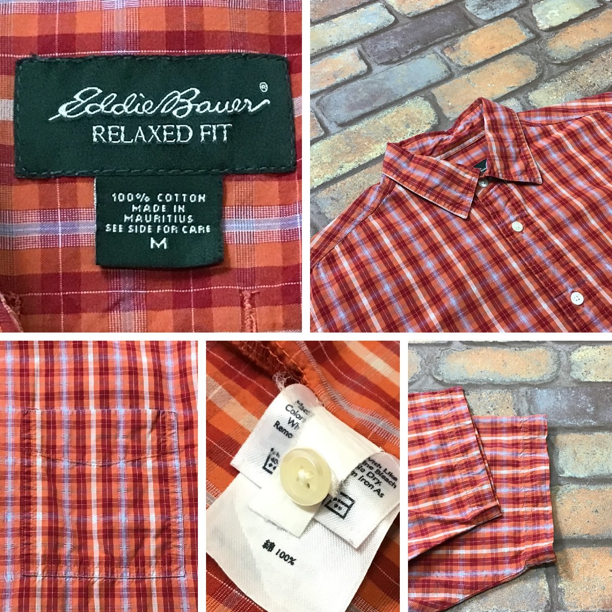 ME2-289◆USA規格◆良品◆【Eddie Bauer エディー・バウアー】片ポケット チェック 半袖 コットンシャツ【メンズ M】赤 オレンジ 古着_画像4