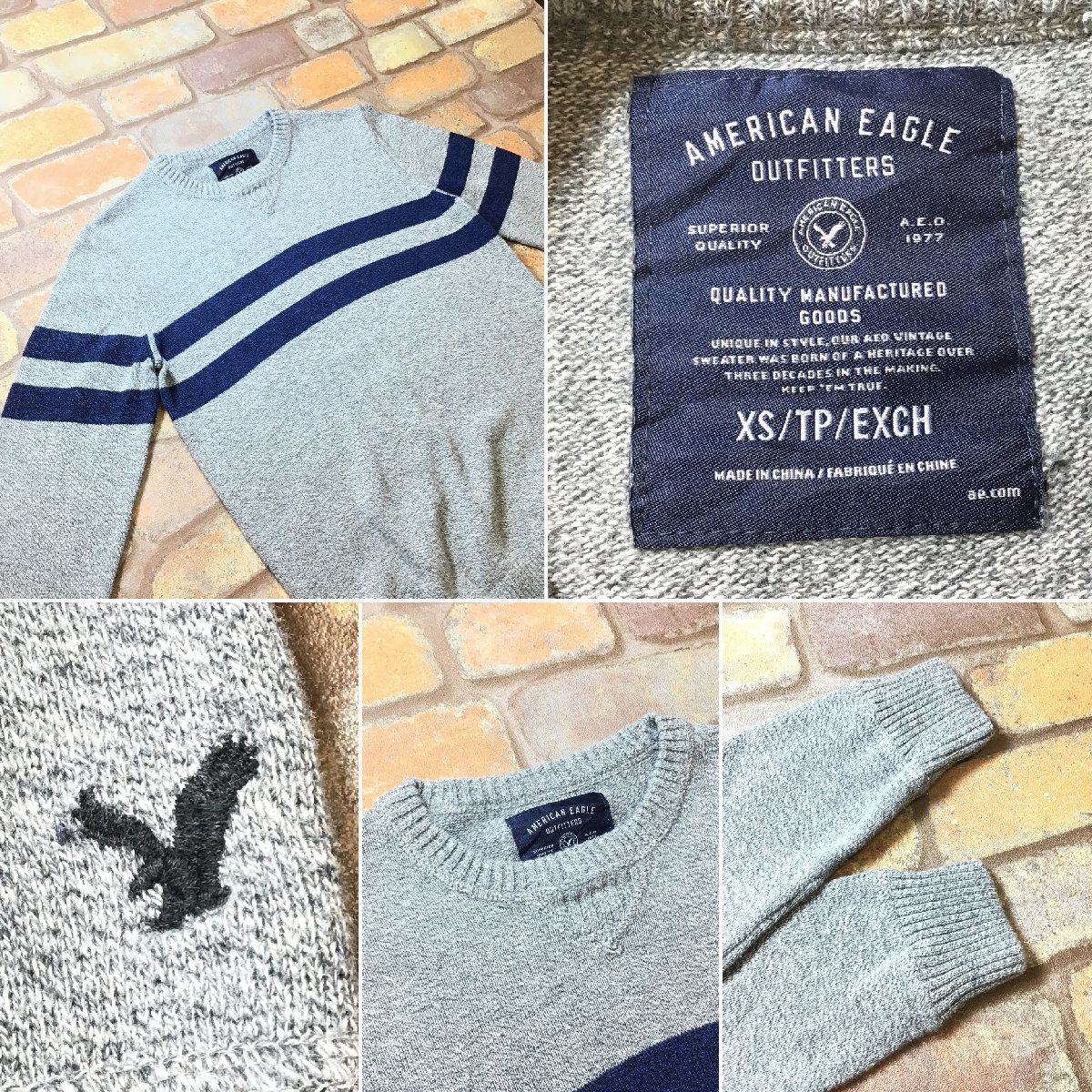 ME6-749★USA古着★状態◎・希少サイズ【AMERICAN EAGLE アメリカンイーグル】裾 刺繍ロゴ コットンセーター【メンズ XS】灰 ニット_画像4