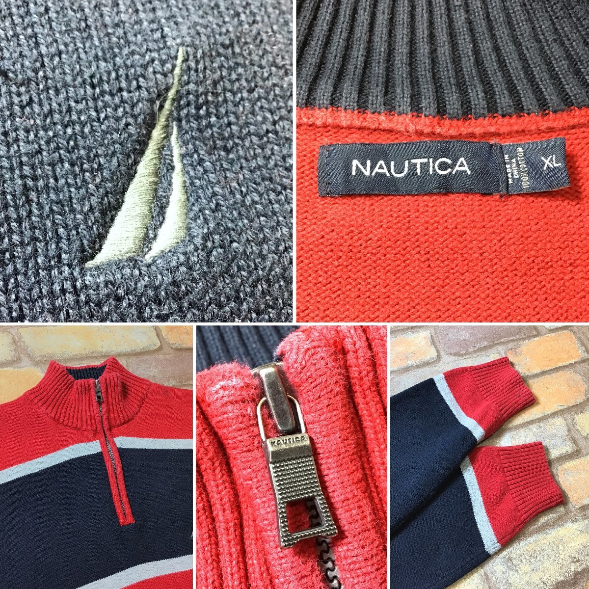 ME8-442★USA正規品&ビッグサイズ★【NAUTICA ノーティカ】ボーダー ハーフジップ セーター【メンズ XL】赤×紺 コットンニット 刺繍ロゴ_画像4