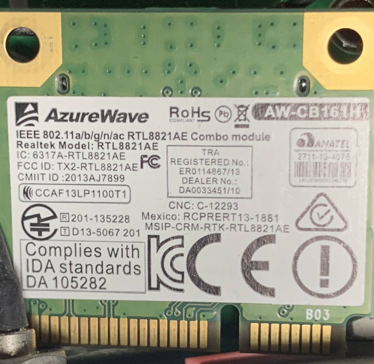 【中古】ASUS MINI PCIE ADAPTER/DP CARD AzureWave AW-CB161H / ロープロファイル対応 外部アンテナ無し 無線LAN Bluetooth対応_画像6