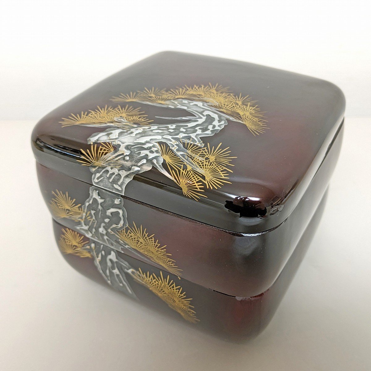 『1年保証』 金銀松・漆器・二段・重箱・No.230525-05・梱包サイズ60 重箱