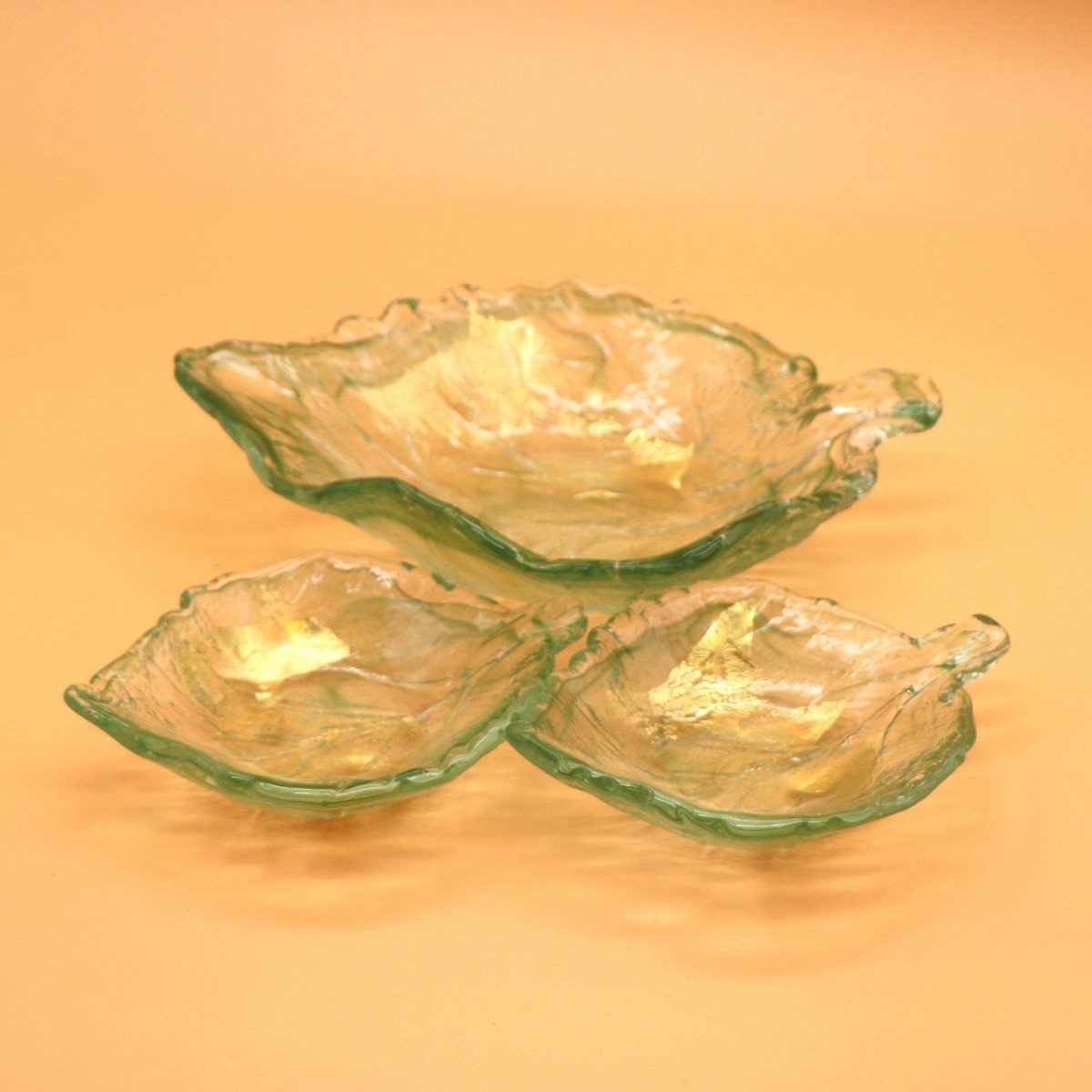 ガラス大皿・中皿・食器・木の葉型・3枚セット・No.200815-132・梱包サイズ80_画像1