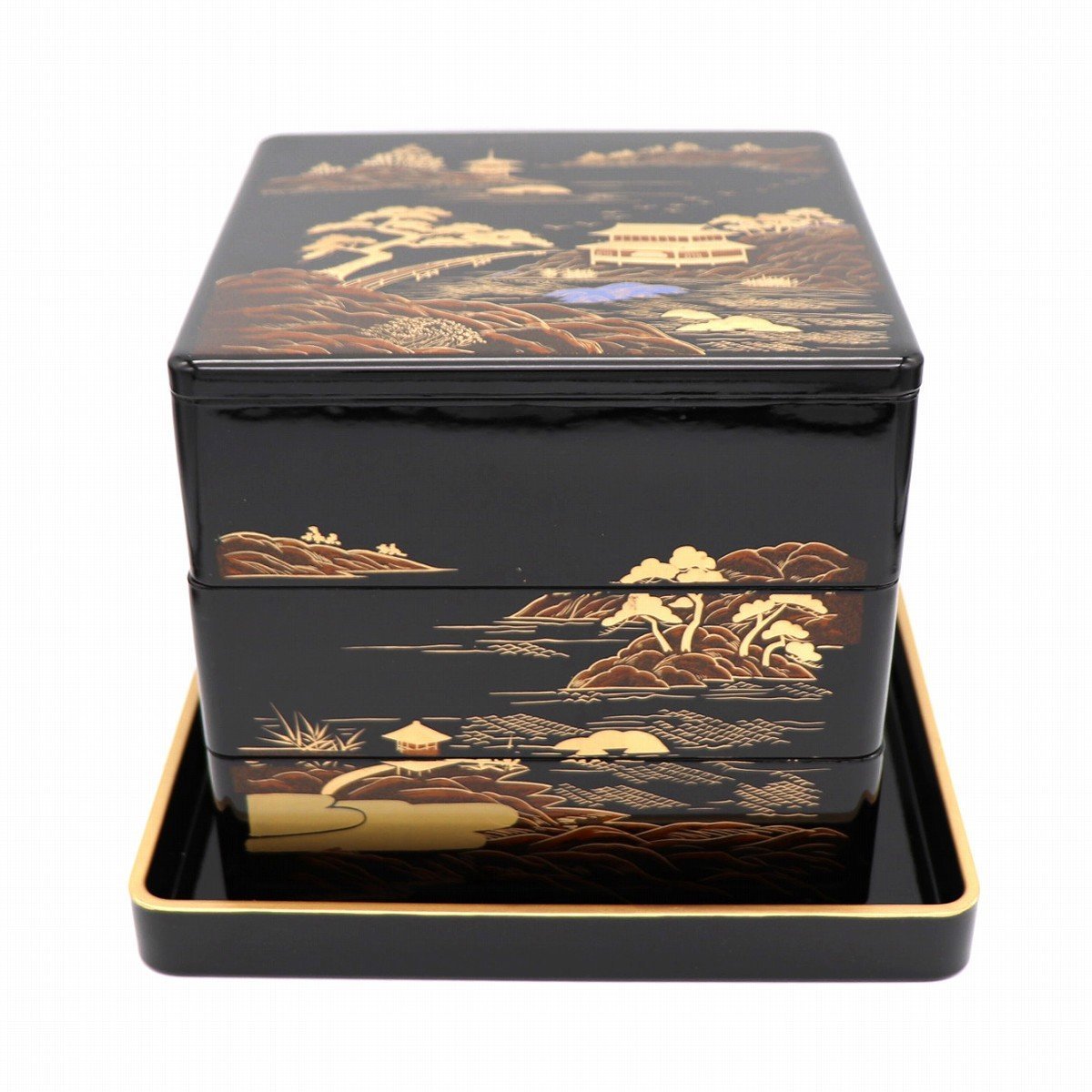 【SALE/37%OFF】 漆器重箱・三段重・山水蒔絵・お盆付・No.201103-35・梱包サイズ100 重箱