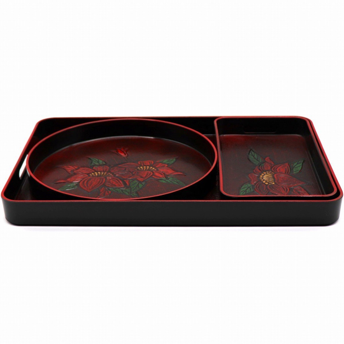 100%品質 烏城彫・漆器お盆セット・丸盆・角盆・取手付・彫刻・No.210329-33・梱包サイズ100 盆