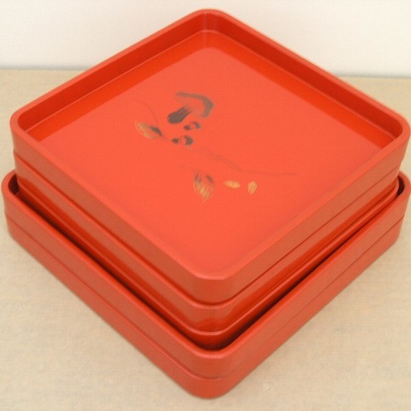 【年中無休】 漆器・角盆・計5枚セット・No.150908-23・梱包サイズ60 盆