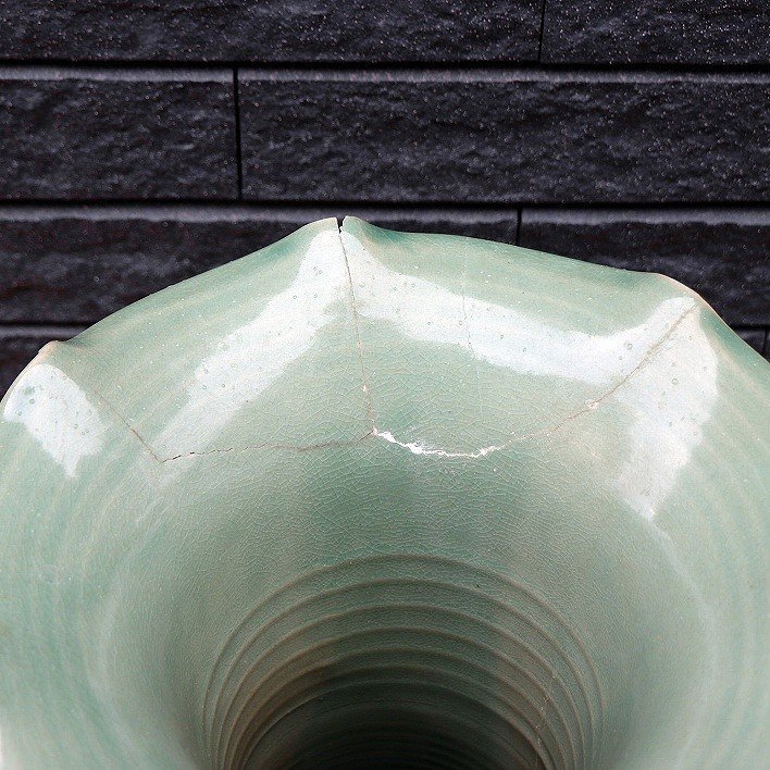 青磁・透かし・耳付・飾り壷・花器・No.200708-218・梱包サイズ160