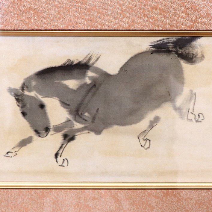 作家不明・水彩画・二頭の駿馬・額入・No.190202-02・梱包サイズ160_画像3