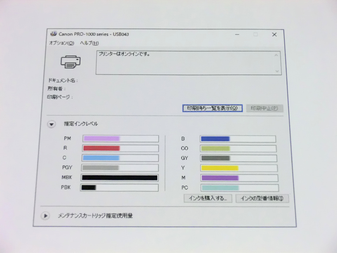 印刷枚数750枚以下 目詰まり無し Canon PRO-1000 大判プリンター A2ノビ対応 imagePROGRAF MBK・廃インク新品交換済_画像3