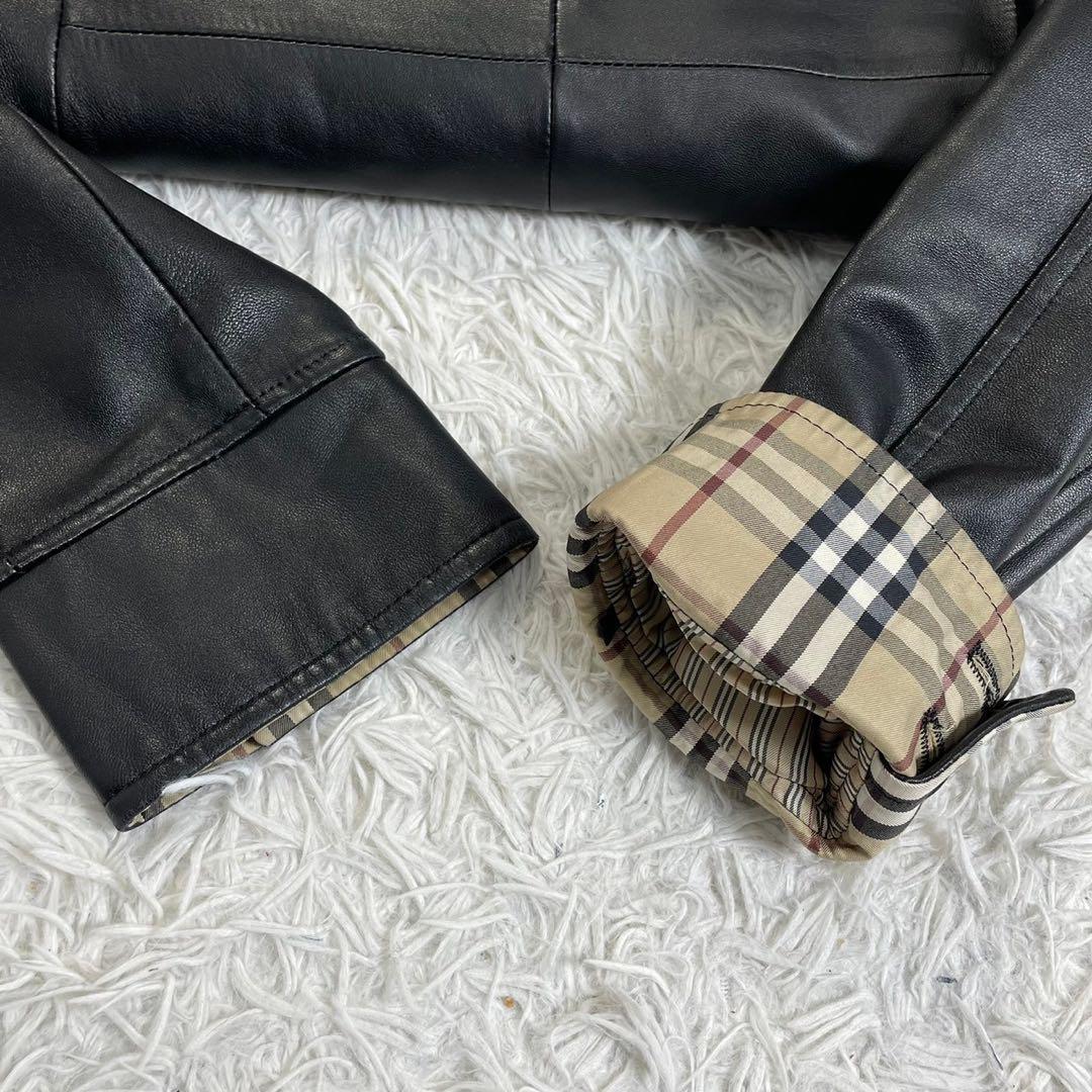 1円◆極上美品◆希少 バーバリーブラックレーベル BURBERRY BLACK LABEL レザーコート Pコート ラムレザー 羊革 ファー ノバチェック 黒 M_画像7