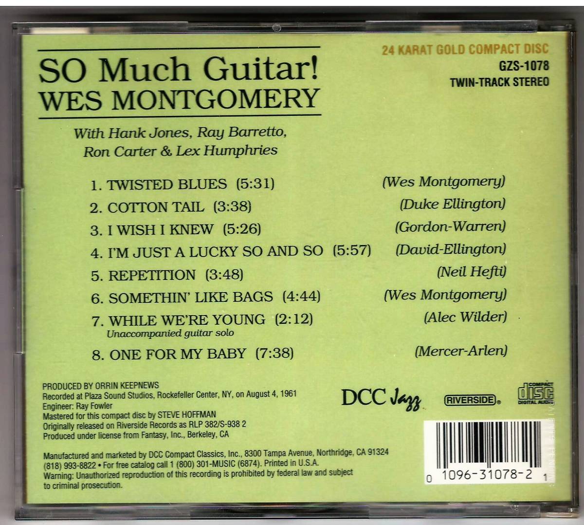 WES MONTGOMERY「So Much Guitar!」24K CD GZS-1078 24 KARAT GOLD PLATED CD 送料込 ウェス・モンゴメリー_画像2