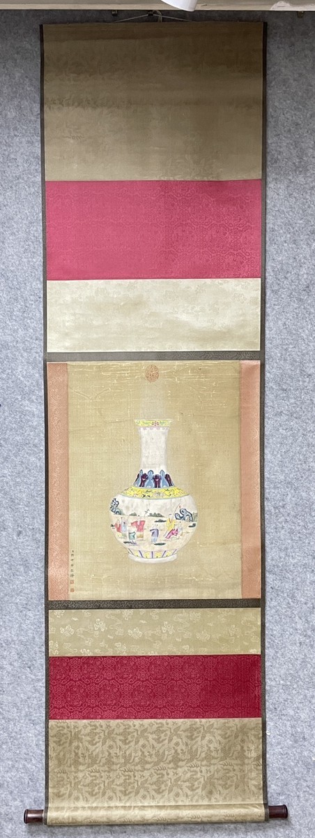 古びた蔵 中国書画 清代画家『郎世寧 花瓶図 肉筆絹本』真作 掛け軸 書画立軸 巻き物 古美術_画像2