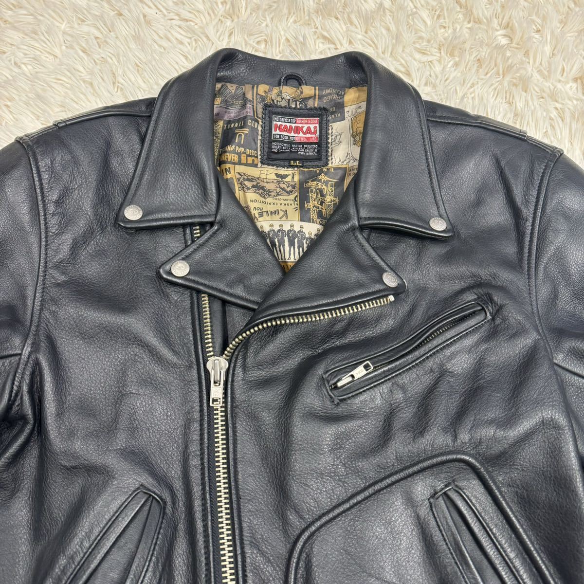 【大きいサイズ】1円〜 XL 美品 NANKAI ナンカイ 南海部品 総柄 TOP GUN ヴィンテージ 90's 牛革 レザー ダブル ライダース ジャケット_画像4