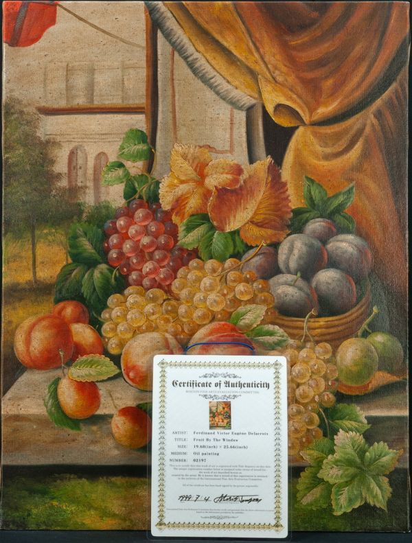●ウジェーヌ・ドラクロワ●油絵　手描き《窓辺の果実》表サイン　鑑定書　P15号　額無　模写/検索ワード(ジャン・グロ/アングル)f875_画像2