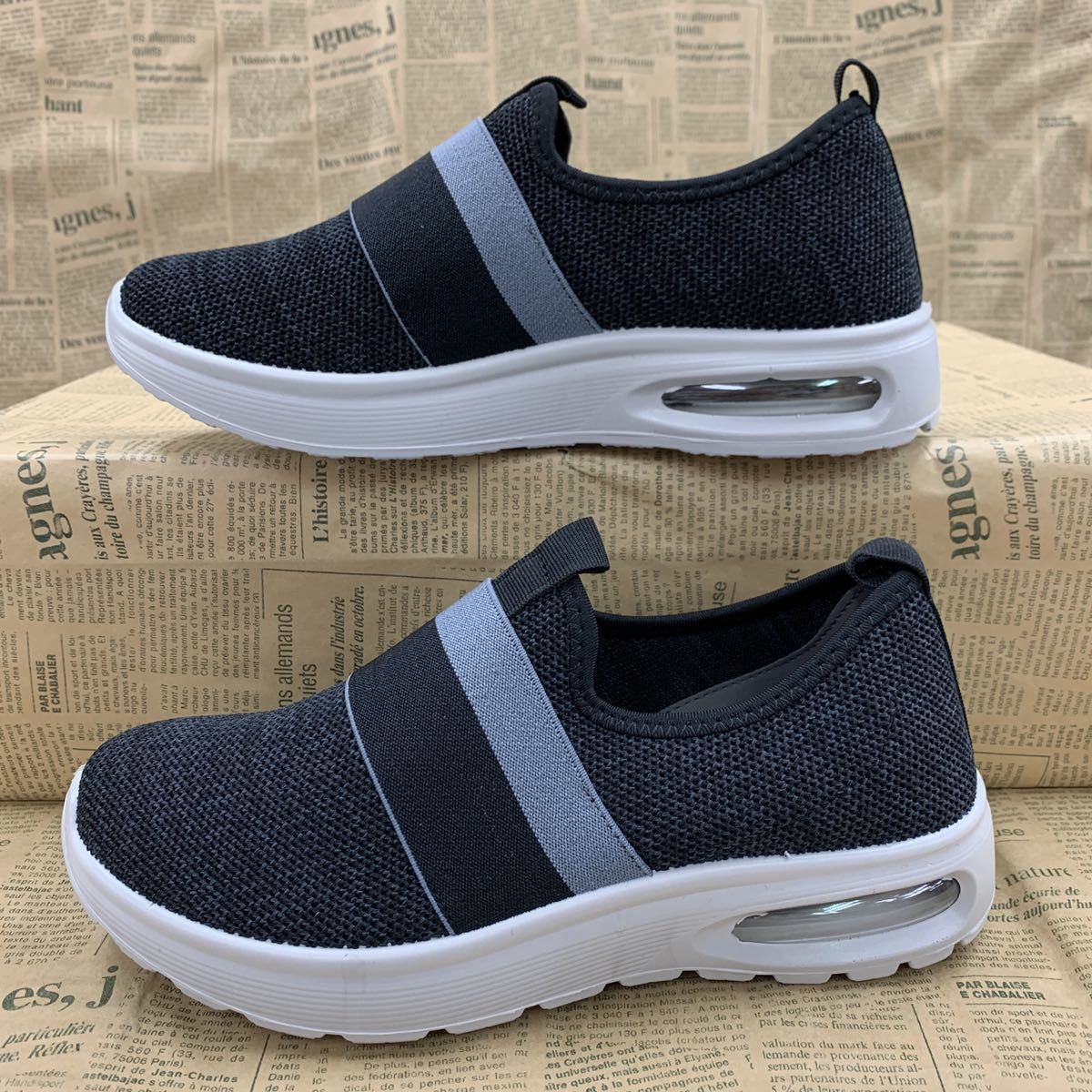  new goods lady's 23.0cm light weight air saw ru sneakers gum band slip-on shoes sport sneakers running shoes black black osw7248