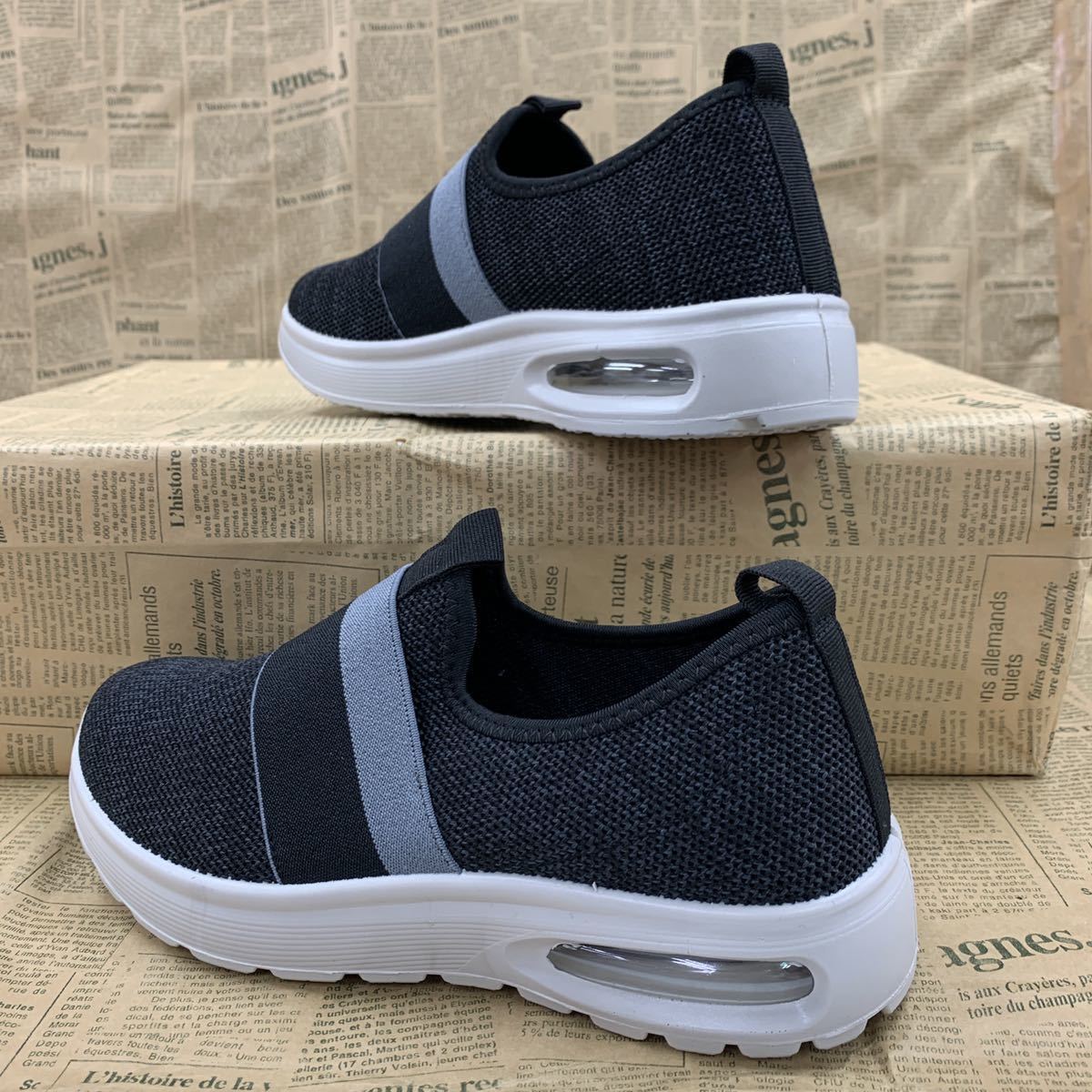 new goods lady's 23.0cm light weight air saw ru sneakers gum band slip-on shoes sport sneakers running shoes black black osw7248
