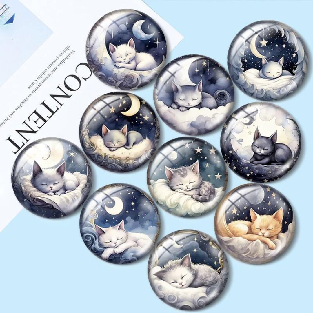 【10個セット】ガラスカボション　25mm　ネコ　猫　月夜　ハンドメイド　素材　丸形_画像1