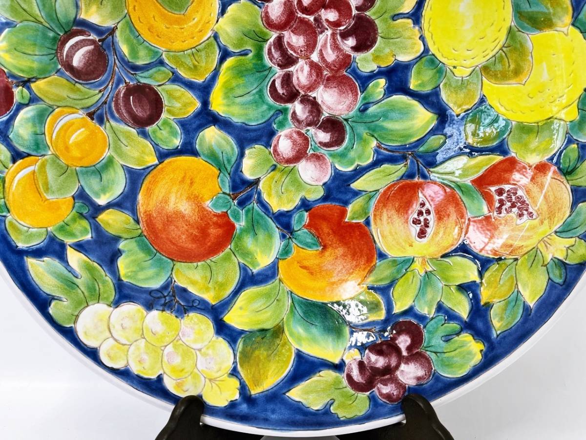 イタリア製 丸型 飾り皿 約55.5cm 絵皿 飾皿 フルーツ柄 オレンジ ザクロ 葡萄 ぶどう レモン 特大飾り皿 陶器 マヨリカ_画像4