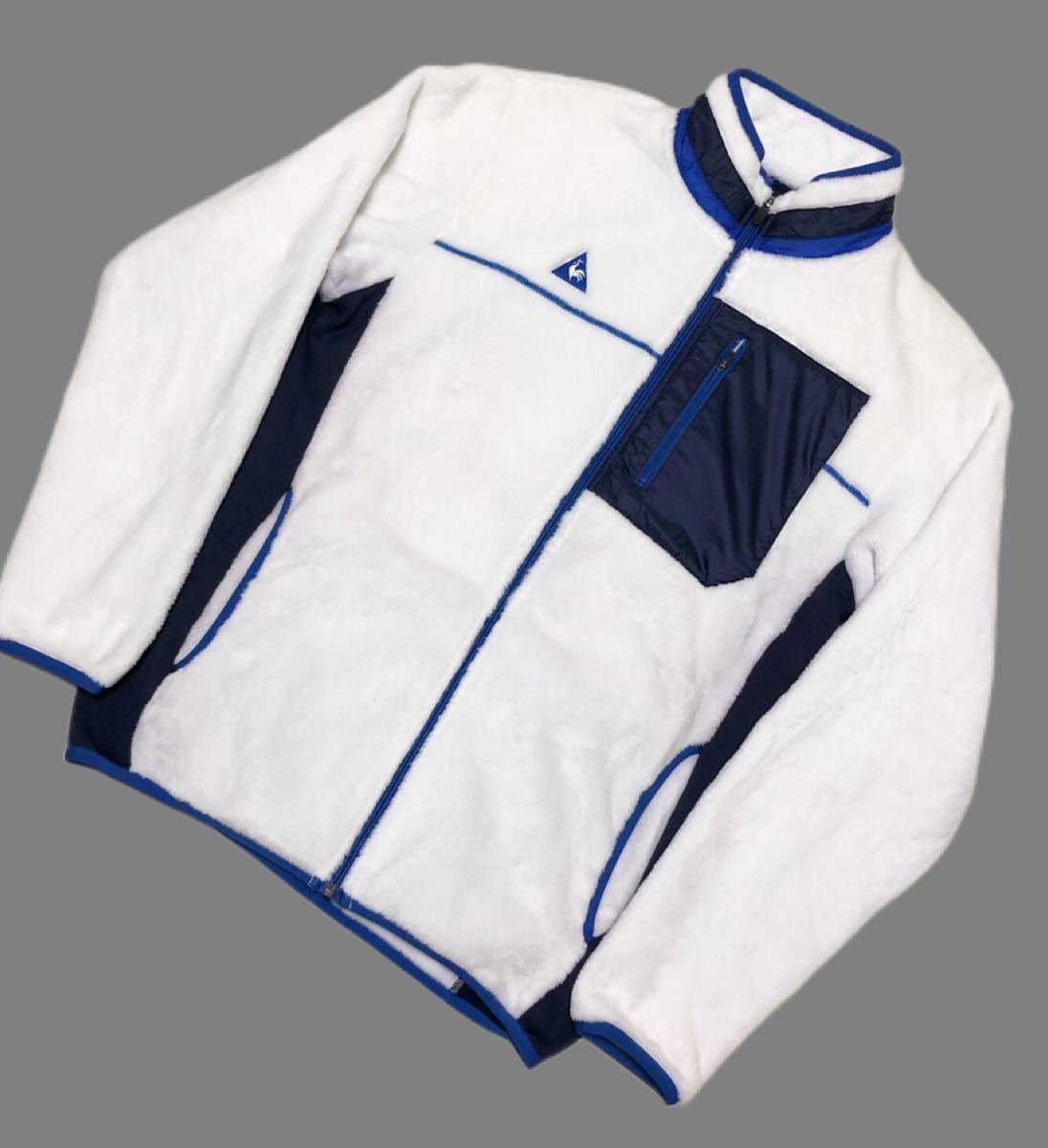 9976《le coq sportif GOLF ルコックゴルフ》ホワイトライン ロゴ刺繍 フルジップ フリース ジャケット ホワイト×ネイビー×ブルー L_画像3