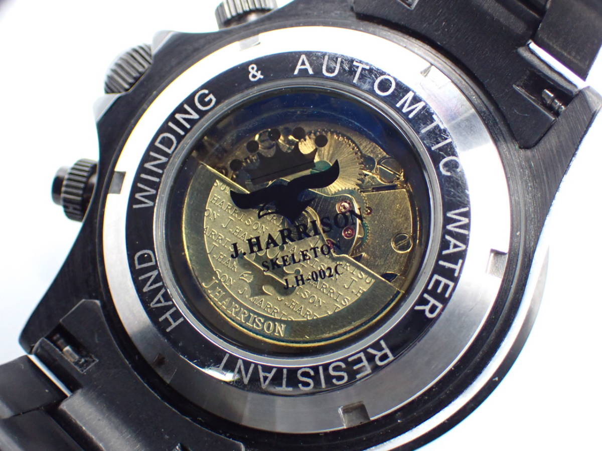 １円～☆J.HARRISON ジョンハリソン AT/自動巻き メンズ腕時計 J.H-002C クロノグラフ スケルトン ブラック文字盤 デイデイト/N093104_画像6