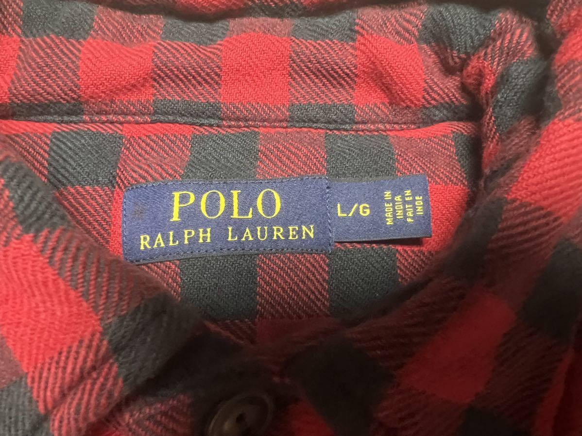 Polo by Ralphlauren ポロ ラルフローレン チェックシャツ ヘビー ネルシャツ L インド製 アメリカ古着 厚手 黒赤_画像3